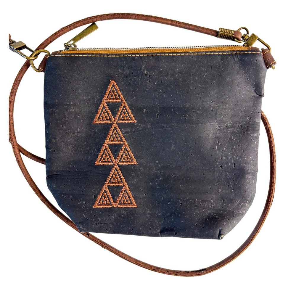 Sew Da Kine Black Cork Crossbody Bag Embroidered Triangle Hawaii Handmade Pouch